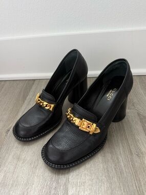 Gucci Sylvie Chain Bit Leather Block Heel Loafers Pumps Black 36.5